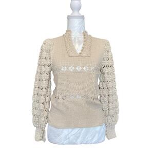 Vintage Beige Bubble Sleeve Open Knit Neutral Chic Fitted Sweater Top Size XS